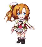  :d bangs blue_eyes boots brown_hair chibi double-breasted feathers hair_feathers hair_ornament hairpin hand_on_own_chest highres kousaka_honoka kuena love_live! love_live!_school_idol_project one_side_up open_mouth orange_hair short_hair simple_background skirt smile solo sore_wa_bokutachi_no_kiseki white_background 