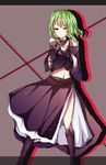  a_(kinozakiria) absurdres bad_id bad_pixiv_id boots braid evillious_nendaiki green_eyes green_hair gumi gun highres midriff nemesis_no_juukou_(vocaloid) nemesis_sudou single_braid solo tears vocaloid weapon 