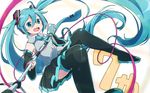  ahoge aqua_eyes aqua_hair boots detached_sleeves hatsune_miku korato long_hair microphone microphone_stand necktie open_mouth skirt solo thigh_boots thighhighs twintails very_long_hair vocaloid 