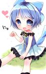  alternate_costume blue_hair blush bow cat_tail cirno hair_bow heart morinaga_kobato open_mouth paw_pose sash short_hair sitting solo tail touhou 