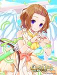  arrow ascot bow_(weapon) brown_hair chrono_dios copyright_name feathered_wings heart heart_hands looking_at_viewer official_art original purin_jiisan purple_eyes short_hair smile solo weapon wings wrist_cuffs 