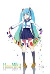  aqua_eyes aqua_hair blush character_name confetti flag flags_of_all_nations green_hair hatsune_miku highres kneehighs long_hair pigeon-toed school_uniform serafuku skirt smile solo string_of_flags twintails very_long_hair vocaloid white_background zi_long 