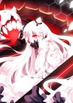  breasts dress glowing glowing_eyes highres horns kantai_collection large_breasts long_hair looking_at_viewer midway_hime pale_skin red_eyes shinkaisei-kan tears torn_clothes veins very_long_hair white_dress white_hair yuzuki_gao 