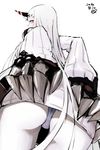  2014 ass breasts claws dated detached_sleeves dress highres horn kantai_collection large_breasts long_hair momo_(higanbana_and_girl) pale_skin panties pantyshot red_eyes ribbed_dress seaport_hime shinkaisei-kan short_dress signature solo underwear white_hair white_panties 