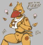 2014 avian bird breasts chica_(fnaf) chicken female five_nights_at_freddy&#039;s food ice_cream liquidrabbit machine mechanical pizza pussy robot simple_background solo text 