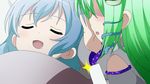  blue_hair closed_eyes commentary cushion detached_sleeves frog_hair_ornament gochuumon_wa_usagi_desu_ka? gohei green_hair hair_ornament highres japanese_clothes kochiya_sanae long_hair miko multiple_girls open_mouth profile shaded_face shimashima_nezumi short_hair sleeping smile snake_hair_ornament sparkle tatara_kogasa touhou 