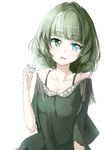  alcohol bangs bare_shoulders blue_eyes blunt_bangs collarbone cup green_eyes green_hair heterochromia idolmaster idolmaster_cinderella_girls miyabi_akino mole mole_under_eye open_mouth parted_lips short_hair simple_background sketch solo takagaki_kaede white_background 