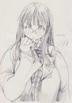  breasts coat comic fat glasses kobayakawa_horan large_breasts long_hair long_sleeves monochrome nekokami original scarf sketch smile solo straight_hair tareme upper_body 