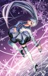  blue_eyes boots highres holding holding_sword holding_weapon hrtyuk left-handed long_hair magic_circle myrtenaster open_mouth ponytail rapier rwby scar scar_across_eye silver_hair skirt snowflakes solo sword thigh_boots thighhighs very_long_hair weapon weiss_schnee white_legwear 