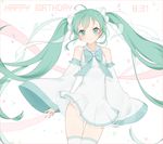  ahoge artist_name bad_id bad_pixiv_id dated detached_sleeves dress earrings green_eyes green_hair happy_birthday hatsune_miku jewelry long_hair marin_(myuy_3) smile solo twintails very_long_hair vocaloid 