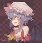  :d ascot bat_wings character_name checkered checkered_background close-up hat mob_cap morino_hon open_mouth purple_hair red_eyes remilia_scarlet short_hair smile solo touhou v-shaped_eyebrows wings 