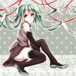  bad_id bad_pixiv_id boots detached_sleeves green_eyes green_hair hair_ribbon hatsune_miku long_hair mijirou_(osiruko2525) necktie ribbon sitting skirt solo thigh_boots thighhighs twintails very_long_hair vocaloid 