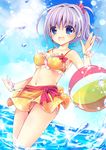  :d ball beachball bikini blue_eyes blush enjoy_mix navel open_mouth original ponytail purple_hair sarong short_hair smile solo swimsuit wading water_drop waving 