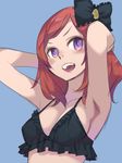  :d armpits arms_behind_head arms_up bikini blue_background blush bow breasts frilled_bikini frilled_bow frills hair_bow love_live! love_live!_school_idol_project medium_breasts nishikino_maki open_mouth purple_eyes red_hair short_hair smile solo sparkling_eyes susinoyama swimsuit upper_body v-shaped_eyebrows 