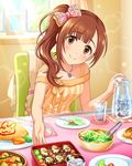  artist_request blush bow chair cup drinking_glass food hair_bow idolmaster idolmaster_cinderella_girls igarashi_kyouko jewelry necklace official_art omurice pitcher side_ponytail sitting smile solo spoon table window 