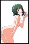  1girl ass blush book breasts female green_hair hairband idolmaster looking_back mole nipples nude nude_filter open_mouth otonashi_kotori photoshop red_eyes short_hair simple_background smile solo thighs white_background 