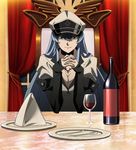  1girl akame_ga_kill! blue_eyes blue_hair bottle esdeath esdese hat long_hair sitting solo stitched tattoo 
