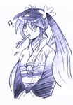  beamed_eighth_notes daniel_j._luis food_in_mouth hatsune_miku japanese_clothes kimono long_hair monochrome mouth_hold musical_note obi sash scrunchie signature sketch solo spring_onion twintails vocaloid 