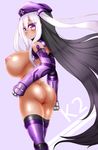  1girl areolae ass bare_shoulders black_hair borrowed_character breasts dark_skin detached_sleeves female from_behind hat highres huge_breasts katuu long_hair looking_back mecha_musume multicolored_hair nipples nude original puffy_nipples purple_eyes shiny shiny_skin solo standing thighhighs white_hair 