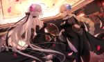  2girls ahoge bangs black_bow black_dress black_gloves black_legwear black_ribbon blonde_hair blush bow braid breasts chandelier choker cleavage commentary_request dress dress_lift dutch_angle elbow_gloves eyebrows_visible_through_hair fate/grand_order fate_(series) floating_hair flower gloves hair_bow hair_flower hair_ornament hair_ribbon heroic_spirit_formal_dress highres indoors jeanne_d&#039;arc jeanne_d&#039;arc_(alter)_(fate) jeanne_d'arc_(alter)_(fate) jeanne_d'arc_(fate)_(all) jewelry kneehighs large_breasts lifted_by_self long_hair looking_at_viewer multiple_girls necklace open_mouth parted_lips petals ribbon see-through see_through shinooji silver_hair single_braid smile sparkle very_long_hair yellow_eyes 