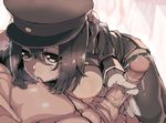  1girl akitsu_maru_(kantai_collection) bad_id bad_pixiv_id black_eyes black_hair black_legwear blush breasts censored gloves handjob hat hetero kantai_collection large_breasts licking military military_uniform nipple_licking nipples open_mouth osuman_toruko peaked_cap penis pointless_censoring short_hair thighhighs uniform white_gloves 