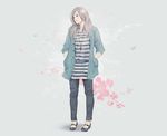  hands_in_pockets jacket jewelry long_hair necklace original shirt silver_hair simple_background solo standing striped striped_shirt suda_ayaka 