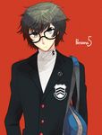  1boy bag black_hair buttoned_up_jacket curly_hair emblem glasses logo looking_at_viewer persona persona_5 protagonist_(persona_5) red_background school_bag school_uniform short_hair turtleneck 