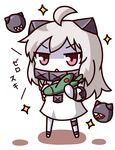  aircraft airplane chibi dress full_body holding horns kantai_collection kukku mittens northern_ocean_hime red_eyes shinkaisei-kan silver_hair solo sparkle standing translated white_dress white_skin 