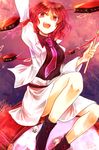  arm_up between_breasts boots breasts drum drum_set drumsticks horikawa_raiko instrument jacket kutsuki_kai necktie necktie_between_breasts open_clothes open_jacket open_mouth purple_neckwear red_eyes red_hair shirt sitting_on_drum skirt solo touhou 