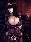  black_hair blue_eyes bracelet breasts candle cleavage covered_navel curvy fire_emblem fire_emblem:_kakusei huge_breasts jewelry lips long_hair okai skull smile solo tharja wide_hips 