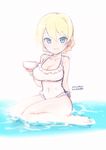  2014 absurdres artist_name bare_legs blonde_hair blue_eyes braid breasts casual_one-piece_swimsuit cleavage covered_navel cup darjeeling dated frilled_swimsuit frills girls_und_panzer highres large_breasts looking_at_viewer one-piece_swimsuit rondo_bell short_hair sitting smile solo swimsuit teacup wariza water white_swimsuit 