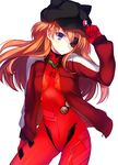  adjusting_clothes adjusting_hat blue_eyes blush bodysuit brown_hair cowboy_shot eyepatch hat jacket kamanatsu long_hair neon_genesis_evangelion plugsuit rebuild_of_evangelion shikinami_asuka_langley solo souryuu_asuka_langley track_jacket 