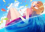  :d afloat bad_id bad_pixiv_id bikini blue_eyes blurry brown_hair cloud day depth_of_field innertube long_hair long_legs looking_at_viewer ocean open_mouth orange_hair original petals shaft_look sky smile solo swimsuit yasumo_(kuusouorbital) 