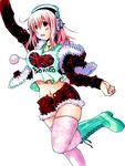  blush boots breasts headphones highres large_breasts long_hair looking_at_viewer navel nitroplus open_mouth pink_hair pink_legwear pom_pom_(clothes) red_eyes solo super_sonico thighhighs union_jack yaya_(yayaya) 