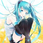  blue_eyes blue_hair detached_sleeves hatsune_miku kamari_(kama_ri) leg_hug long_hair skirt thighhighs twintails vocaloid 