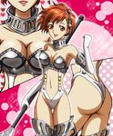  armor ass boots breasts brown_hair cleavage female_protagonist_(persona_3) hairband hanzou heart high-cut_armor lipstick looking_at_viewer makeup medium_breasts multiple_views navel open_mouth persona persona_3 persona_3_portable polearm polka_dot red_eyes short_hair smile sparkle thigh_boots thigh_gap thighhighs weapon 