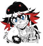  bandaid black_hair blue_eyes breasts bruise cleavage daniel_j._luis face gloves horns injury jacket kill_la_kill letterman_jacket looking_at_viewer matoi_ryuuko middle_finger mouth_pull multicolored_hair red_hair short_hair single_glove small_breasts solo two-tone_hair 