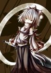  animal_ears detached_sleeves hat highres holding inubashiri_momiji looking_at_viewer pom_pom_(clothes) silver_eyes silver_hair solo sword tokin_hat touhou umagenzin weapon wolf_ears 