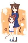  ahoge animal_ears ayakashi_(monkeypanch) brown_eyes brown_hair casual cat_ears cat_tail child full_body height_difference highres long_hair looking_at_viewer multiple_girls original pleated_skirt school_uniform serafuku shoes short_hair skirt standing tail 
