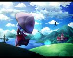  ayakashi_(monkeypanch) bat_wings blue_hair building cloud day grass grave holding mountain parasol remilia_scarlet short_hair sky solo tombstone touhou umbrella wind wings 