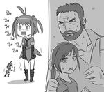  ahoge beard commentary_request crossover double_bun ellie_(the_last_of_us) facial_hair gloves greyscale hiding joel_(the_last_of_us) kantai_collection monochrome multiple_girls naka_(kantai_collection) school_uniform serafuku the_last_of_us tonda 