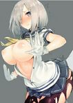  1boy 1girl admiral_(kantai_collection) animated animated_gif black_legwear blue_eyes blush bouncing_breasts breasts character_request fingering gloves grey_background grey_hair hair_ornament hair_over_one_eye hairclip hamakaze_(kantai_collection) inayama kantai_collection large_breasts lowres nipples one_eye_closed open_clothes open_shirt pantyhose school_uniform serafuku shirt short_hair silver_hair simple_background solo torn_clothes torn_pantyhose trembling unbuttoned white_gloves wink 