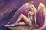  angel angel_wings arm_support bare_shoulders blonde_hair boots breasts bustier elbow_gloves gloves halo high_heel_boots high_heels jewelry kayle kaze_no_gyouja knee_up league_of_legends light_particles long_hair looking_at_viewer medium_breasts midriff miniskirt necklace silver_eyes sitting skirt solo sword weapon wings 