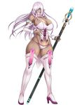  borrowed_character breasts cleavage dark_elf dark_skin elf high_heels huge_breasts lavender_hair looking_at_viewer navel original pointy_ears simple_background solo staff thick_thighs thighhighs thighs umino_mokuzu_(a4_size) white_background white_legwear yellow_eyes 