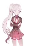  blazer bow bowtie cowboy_shot crossed_arms jacket ling_(sroin) long_hair looking_at_viewer pantyhose plaid plaid_skirt pleated_skirt ponytail rwby scar school_uniform side_ponytail silver_eyes silver_hair simple_background skirt solo weiss_schnee white_background 