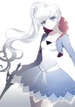  grey_eyes hair_ornament holding jewelry ling_(sroin) long_hair looking_at_viewer myrtenaster necklace rwby scar side_ponytail solo sword weapon weiss_schnee white_background white_hair 
