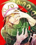  bandage_on_face blonde_hair diego_brando fangs gloves green_shirt hat holiday-jin jojo_no_kimyou_na_bouken male_focus red_eyes scary_monsters_(stand) shirt slit_pupils solo stand_(jojo) steel_ball_run sweater tail turtleneck 
