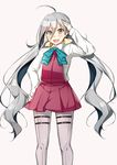  :d ahoge front-seamed_legwear grey_legwear highres kantai_collection kiyoshimo_(kantai_collection) long_hair looking_at_viewer low_twintails open_mouth pantyhose salute school_uniform seamed_legwear silver_eyes silver_hair smile solo soukou_makura twintails v-shaped_eyebrows 