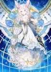  animal_ears barefoot blue_flower blue_rose braid bunny_ears dome dress flower flowerchorus gem globe grey_eyes key long_hair original outstretched_hand petals rose sky solo star star_(sky) starry_sky very_long_hair white_hair 