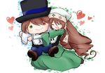  1girl brown_hair dress eyes_closed hat hug hugging long_hair rozen_maiden souseiseki stuffed_toy suiseiseki 